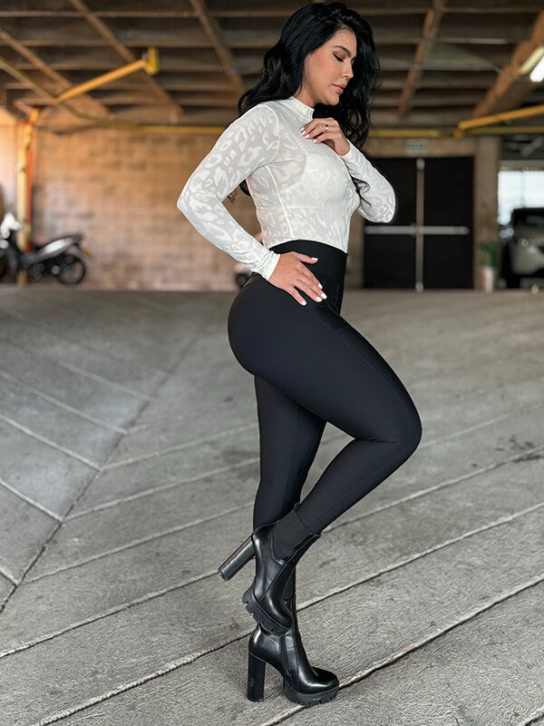 Leggins negro largo efecto cuero franja frontal